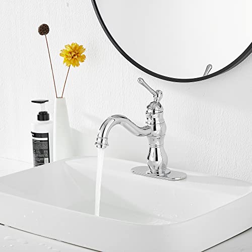 GGStudy 360° Swivel Antique Brass Bathroom Vessel Sink Faucet Single Handle One Hole Matching with Pop Up Drain