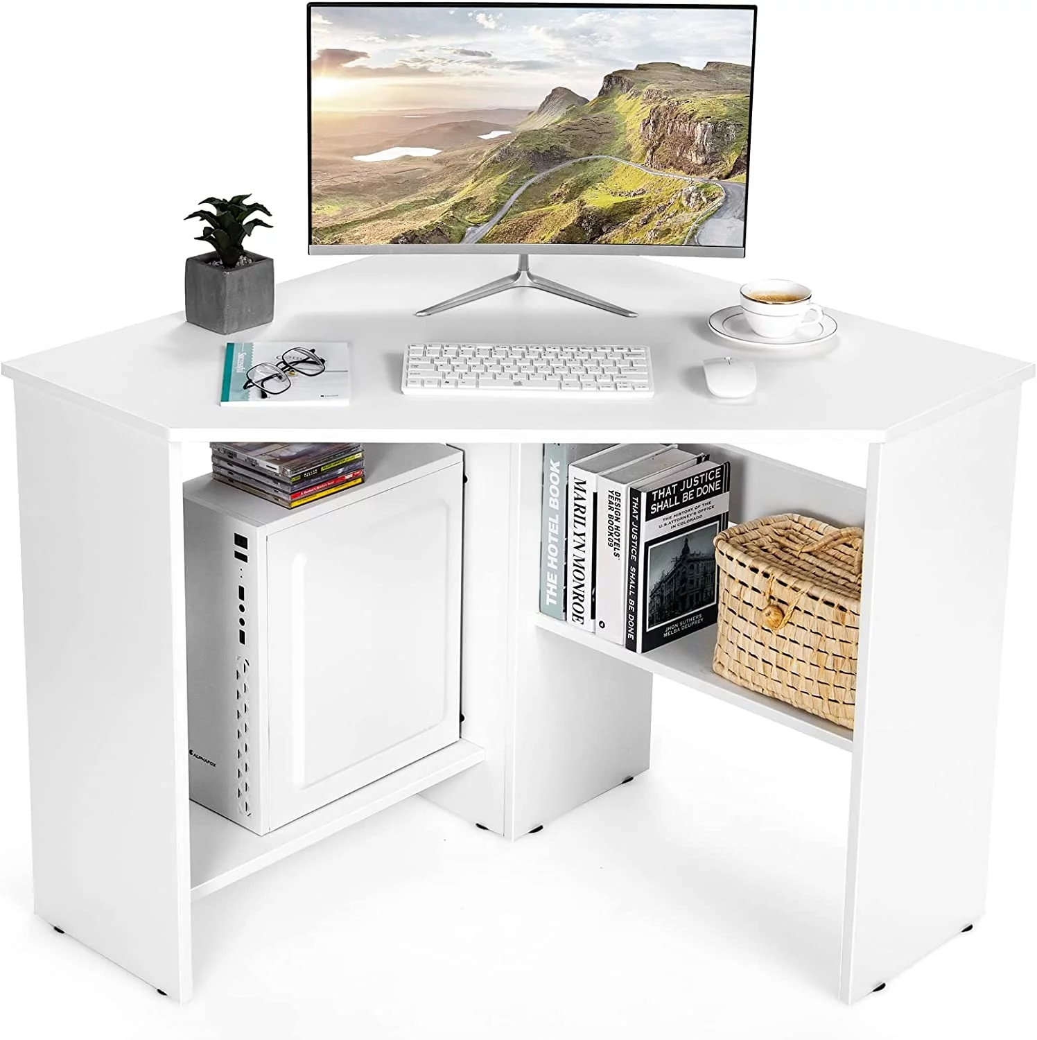 Corner Computer Desk, Space-Saving Triangular Writing Desk w/ 2 Storage Shelves & 2 Cable Holes, Multi-Functional Console Table for Small Space in Home Office, Living Room, Bedroom (White)