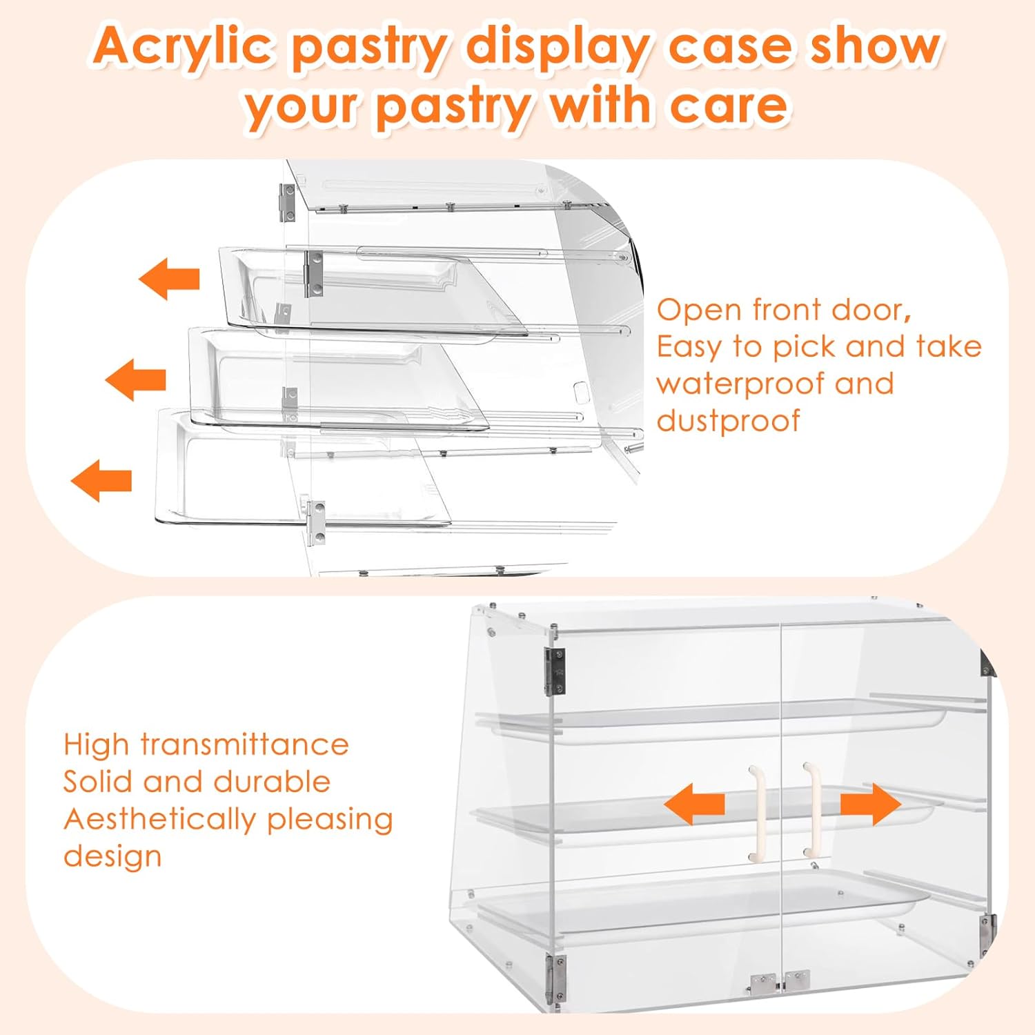 Acrylic Pastry Display Case, 3 Tray Commercial Countertop Bakery Display Case , Acrylic Bread Display with Rear Door Access & Removable Shelves, 22x17x16.5inch