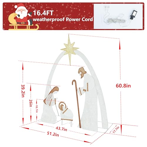 Lighted Nativity Scene Set for Christmas Decoration, 5FT Pre-Lit Iridescent Nativity Scene Xmas Decor with 150 LED Lights, 3D Glittered Standing Holiday Display for Outdoor, Indoor, Gold