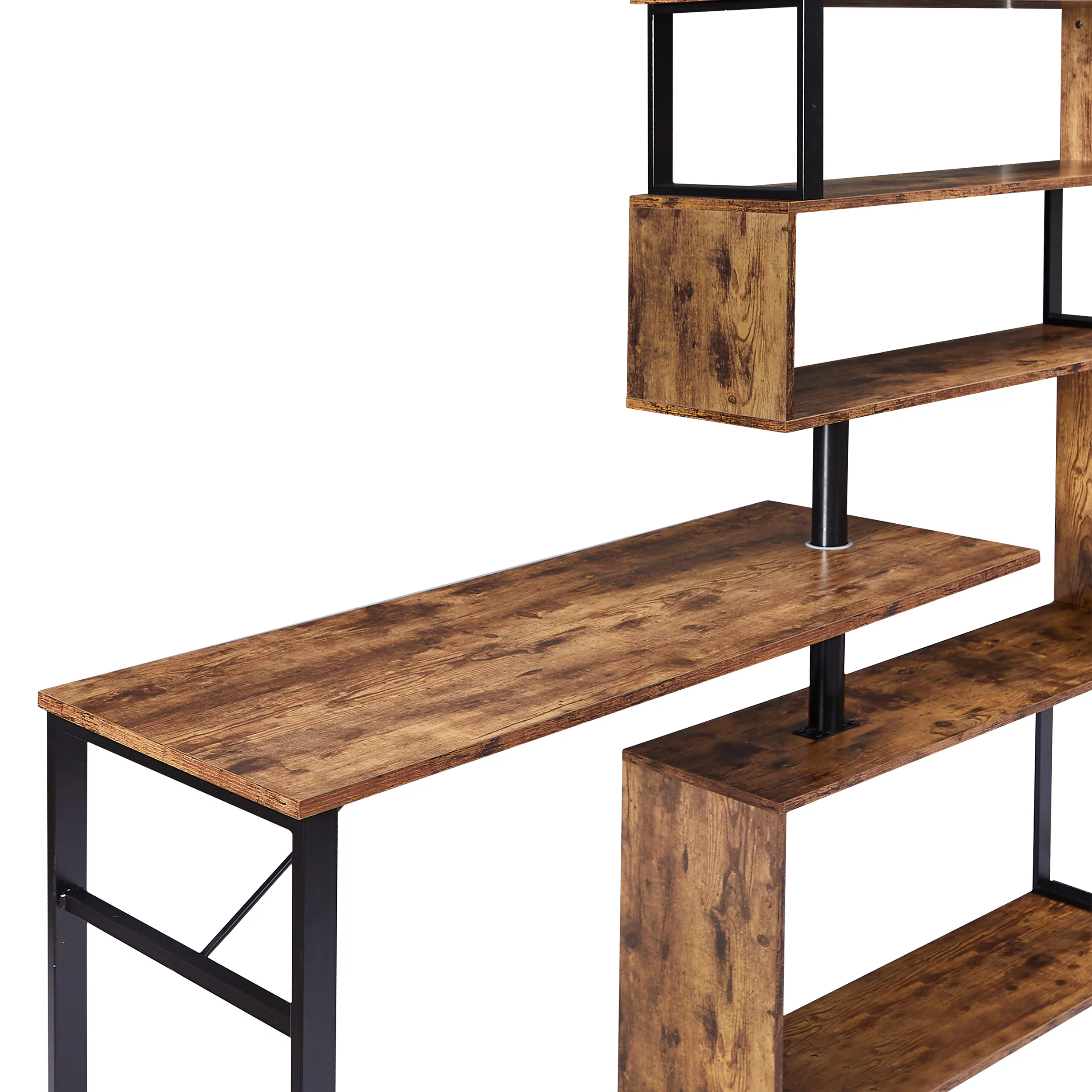 OWSOO Home Office Computer Desk L-Shaped Corner Table, Rotating Computer Table with 5-Story Bookshelf,four installation methods,Lockable casters(Tiger)