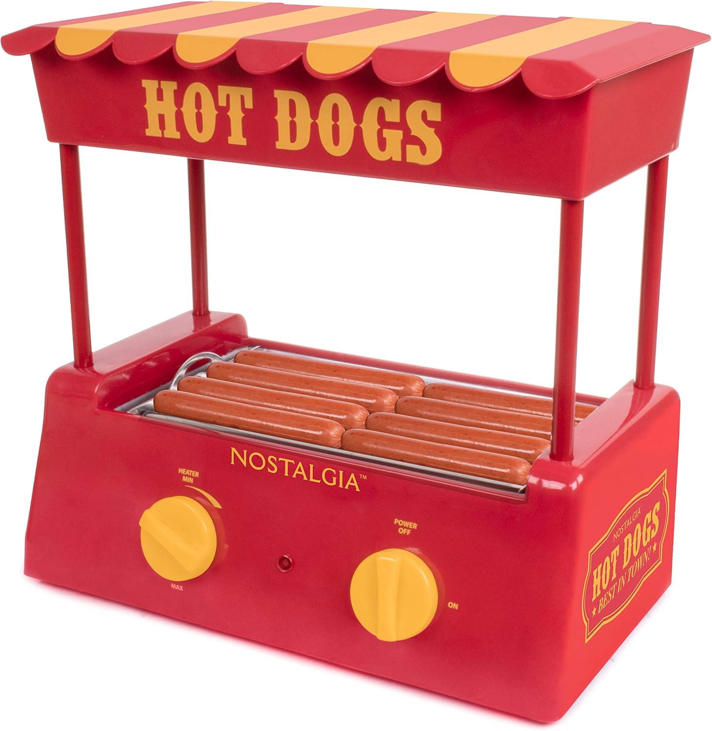 Nostalgia HDR8RY Countertop Hot Dog Warmer 8 Regular Sized, 4 Foot Long and 6 Bun Capacity, Stainless Steel Rollers, Perfect For Breakfast Sausages, Brats, Taquitos, Egg Rolls, Red/Yellow