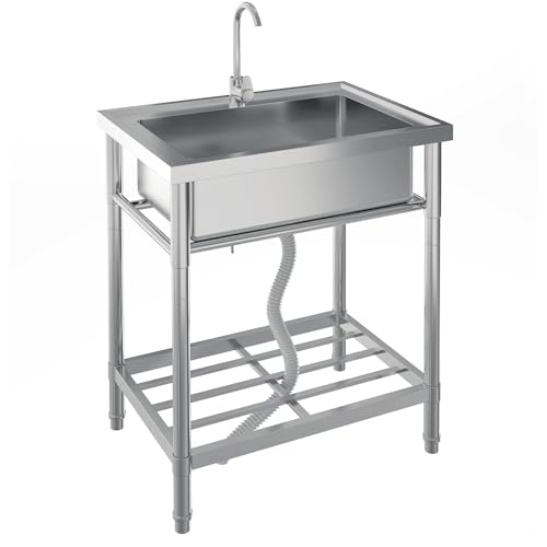 Stainless Steel Free-Standing Utility Sink, Single Bowl Freestanding Laundry Sink with Faucet, Drainboard, Storage, Hot & Cold Water Plumbing for Restaurant, Workshop, Home, 24x20x41 in