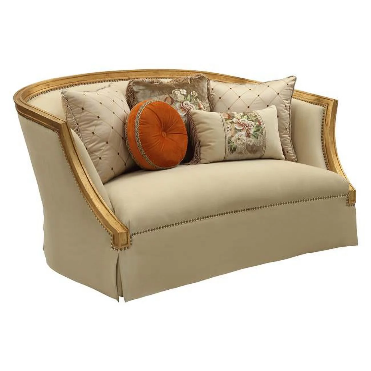 41 x 70 x 38 in. Fabric Antique Gold Upholstery Wood Leg & Trim Loveseat with 5 Pillows