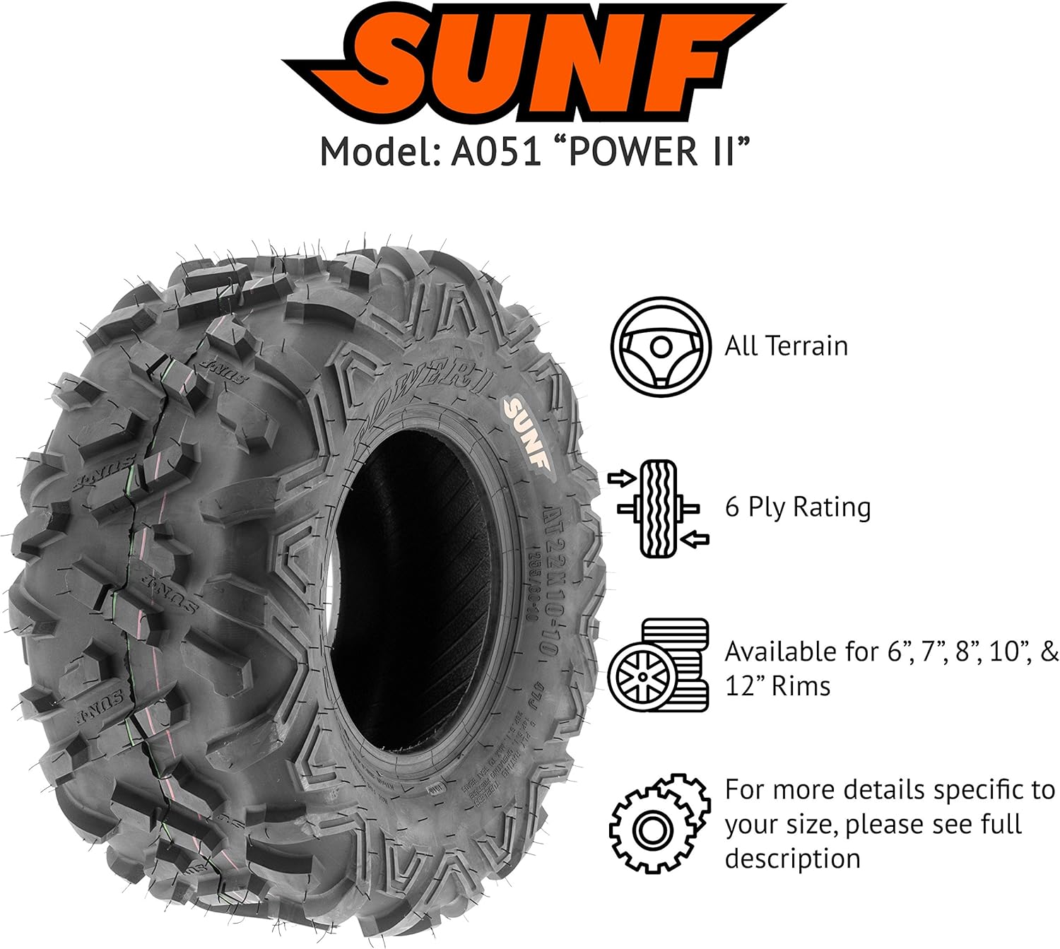 SunF 22x10-9 ATV UTV 22x10x9 All Terrain Tires 6 PR A051 POWER II - PAIR of 2