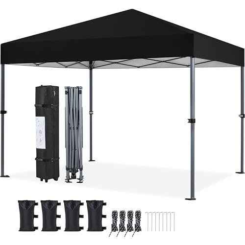 Yaheetech 10x10 1-Person Setup Pop Up Canopy Tent, Instant Portable Commercial Canopy Tent, Outdoor Gazebo with 1-Button Push, Wheeled Bag & 4 Sandbags for Home, Party & Outdoor, Silver-Coated White