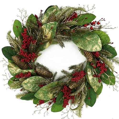 Artificial Christmas Wreaths for Front Door Christmas Magnolia Wreath with Green Gold Magnolia Leaves,Pine Cones,Berry for Front Door Indoor Outdoor Farmhouse Porch Window Home Decor