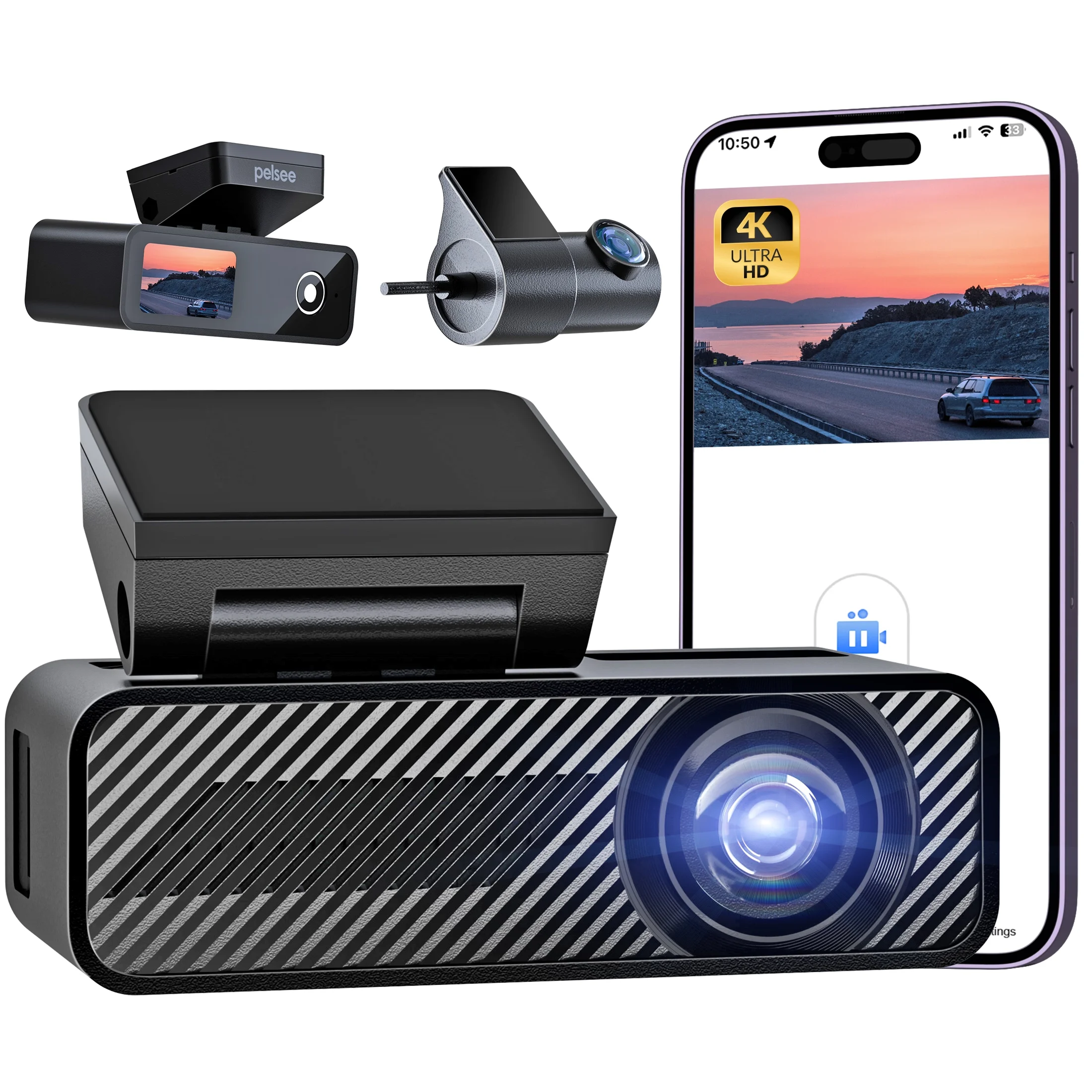 Pelsee 4K Dash Cam Front and Rear, Car Camera with 4K Front Recording, 2K+1080P Dual Dash Cam,  24 Hour Parking Mode, Night Vision, G-Sensor, Loop Recording, Voice Control