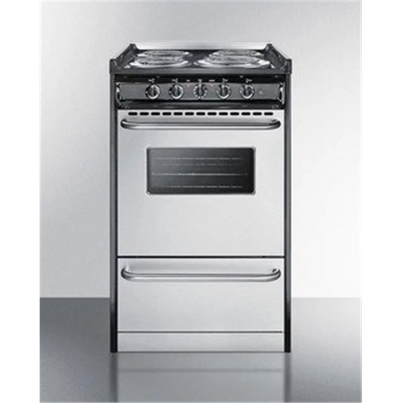 Summit Appliance TEM110BRWY 20 in. Slide-in Electric Range with Stainless Steel Doors & Black Porcelain Top, Replaces TEM130R