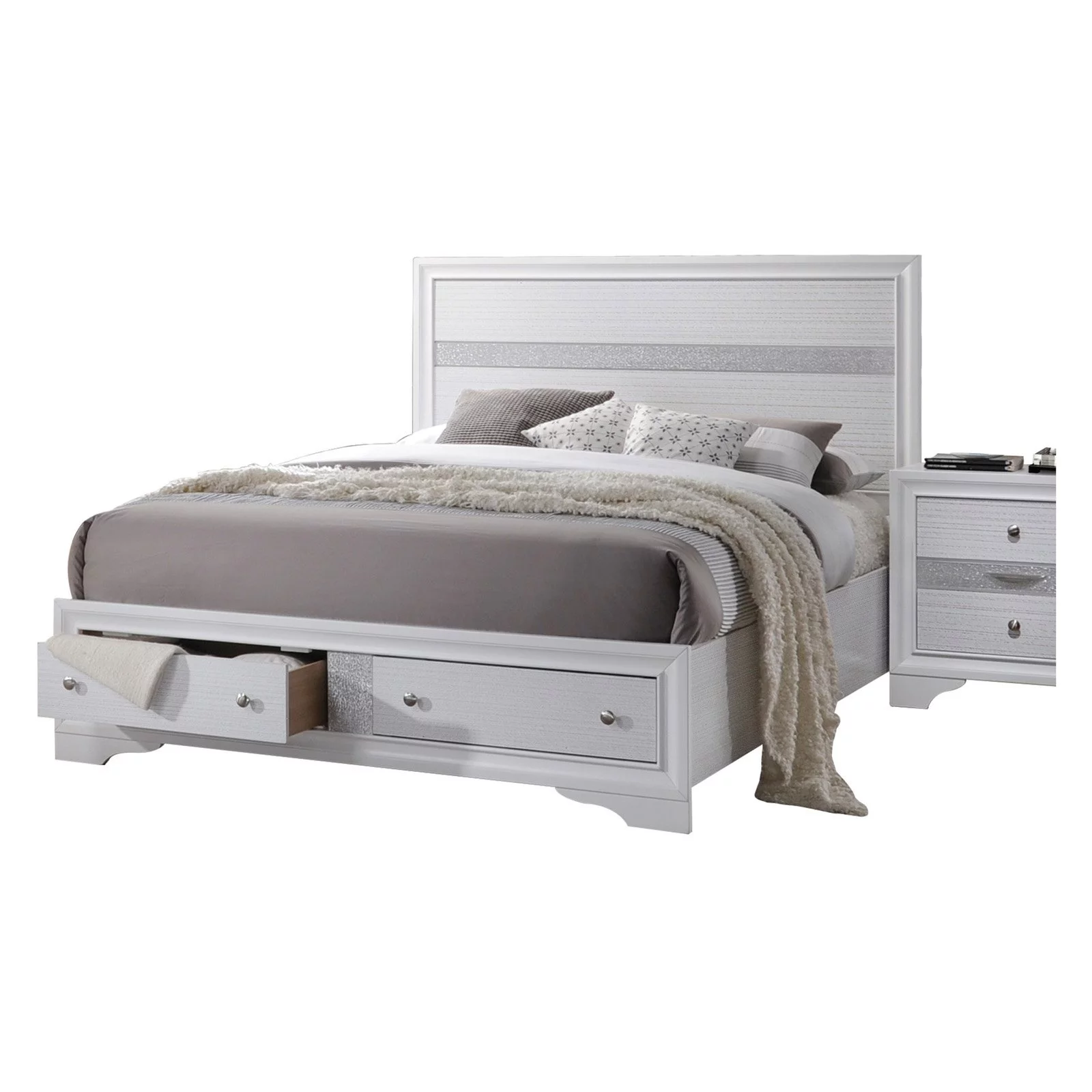 ACME Naima Eastern King Bed with Storage in White Rubberwood, Multiple Sizes