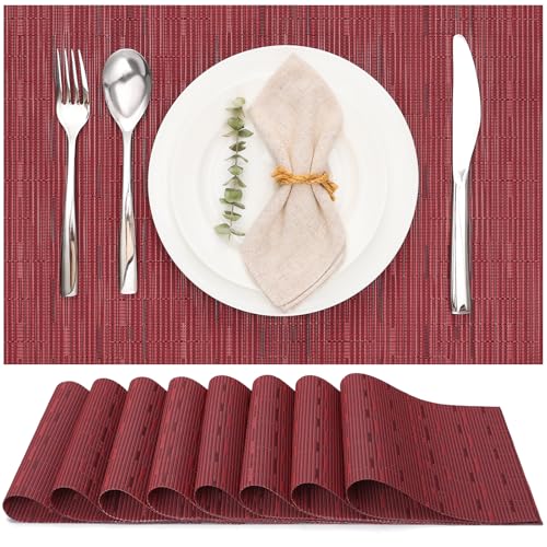 Myir JUN Placemats Set of 8, Vinyl Woven Placemats Place Mats Indoor Set of 8 Washable Table Mats Non-Slip Place mats for Dining Table (Orange, Set of 8)