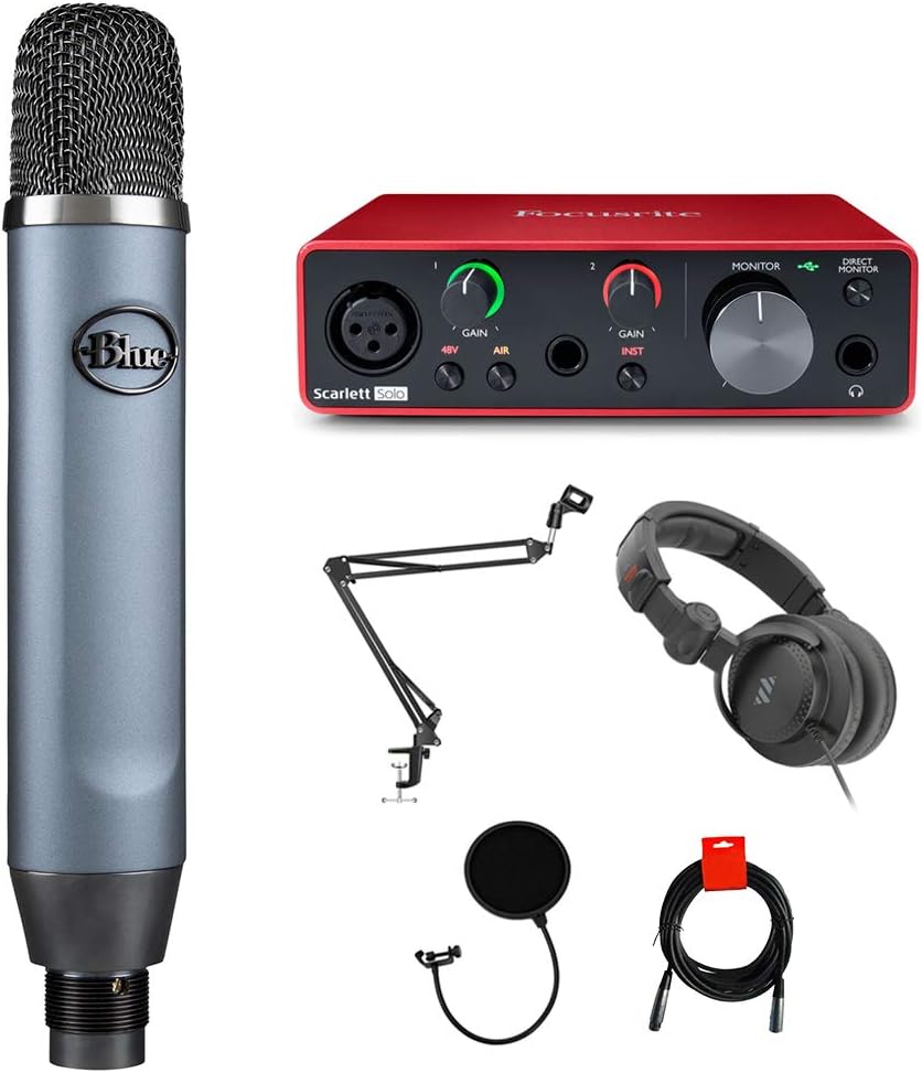 Blue Microphones Ember Condenser Mic Bundle with Focusrite Scarlett Solo 3rd Gen Audio Interface, Headphone, Stand, Pop Filter & XLR Cable