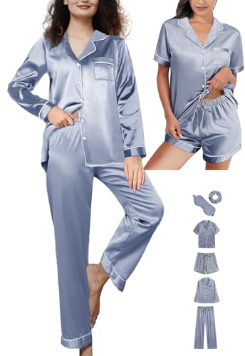 6Pcs Womens Silk Satin Pajamas Set XS-XXL Pajama Sets Pjs Set Button Down Pj Sets Sleepwear Loungewear