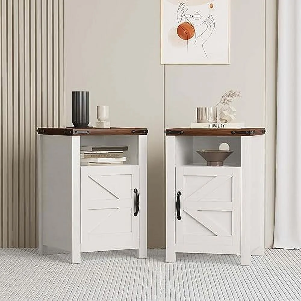 HJZBNONE Farmhouse Nightstand  End Table with USB and Socket  Wooden Side Table with Barn Door  Set of 2 with  Space  Suitable for Bedroom Living Room  White