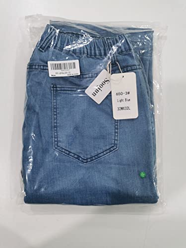 Soojun Mens Elastic Waist Jeans Relaxed Fit with Zipper and Button