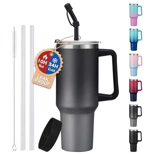 40 oz Tumbler with Handle and Straw Spout Lid - 100% Leak-proof Travel Coffee Cup, BPA Free Metal Mug, Vacuum Insulated Water Bottle- (Cold-34H & Hot-10H), Straw Cover, Silicone Boot