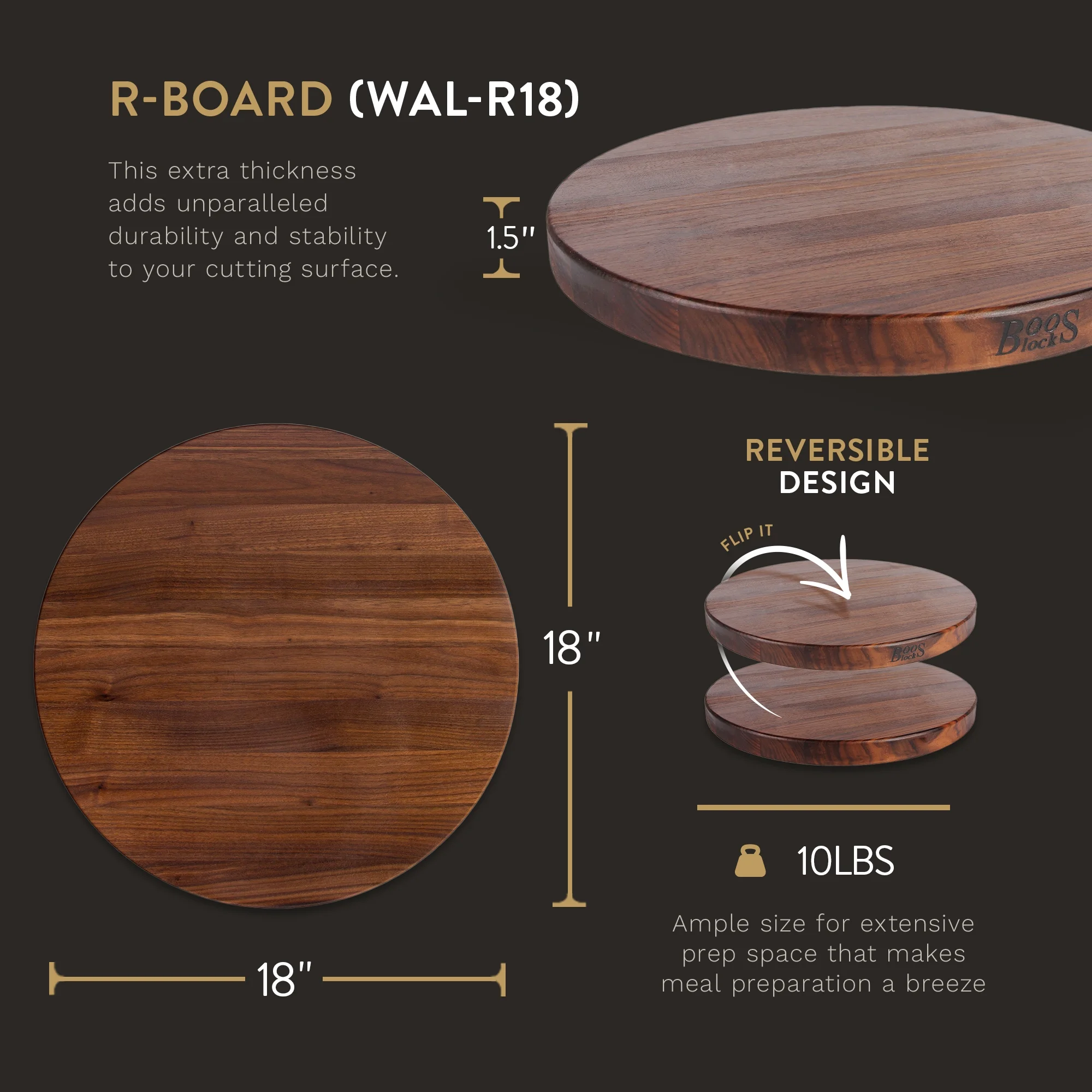 John Boos Walnut Wood Round Cutting Board for Kitchen, 18