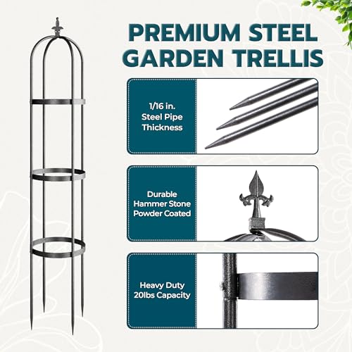 100% Metal Obelisk Trellis for Climbing Plants Outdoor 6ft - 72in, Heavy Duty Black Garden Trellis for Climbing Vine with Hammer Stone Coated, 1pc