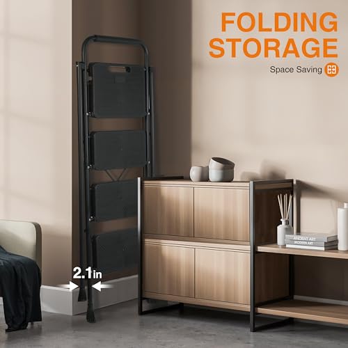 3 Step Ladder, Protable Steel Folding Stool with Wide Anti-Slip Pedal, 500lbs Sturdy Steel Ladder, Black