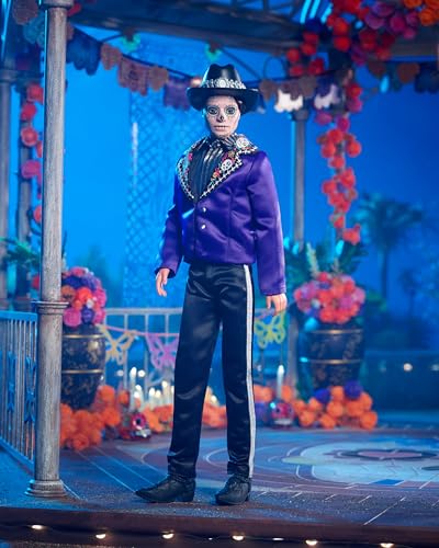 Barbie Signature Ken Fashion Doll, 2023 Dia de Muertos Collectible with Blue Jacket, Black Hat & Doll Stand