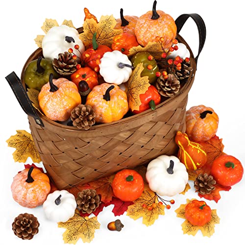 Frienda 520 Pcs Assorted Large Mini Artificial Pumpkins and Gourds with Acorns Pinecones Maple Leaves Fall Harvest Decoration Set for Thanksgiving Halloween Bowl Filler Table Centerpiece Wreaths