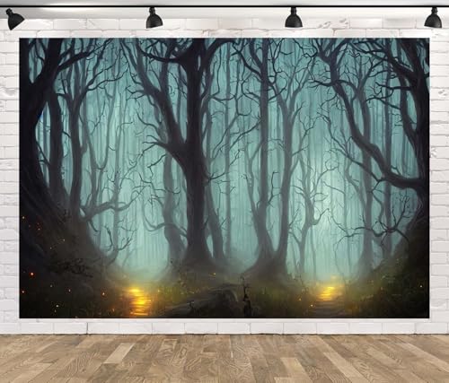 CORFOTO Haunted Mist Forest Backdrop 12x10ft Fabric Creepy Scene Dark Pathway Scary Trees Spooky Foggy Woods Background for Halloween Birthday Party Decorations Witch Photo Booth Studio Props