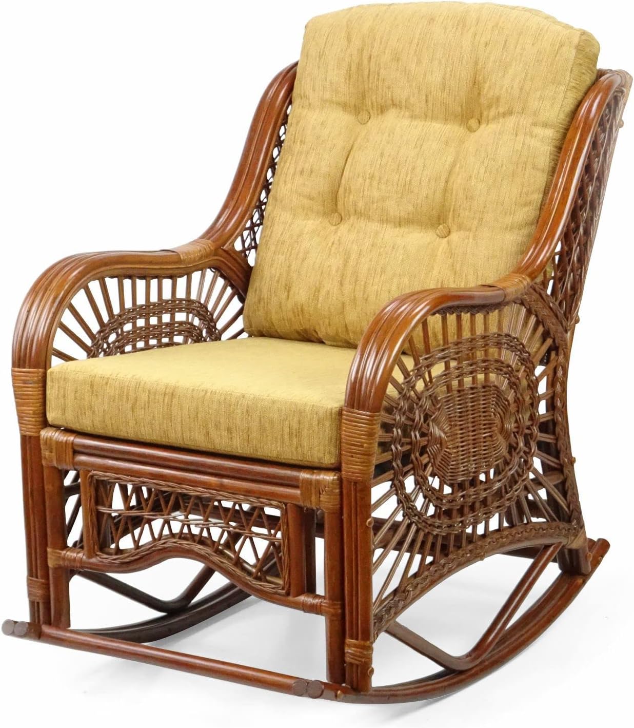 Wickerix Malibu Handmade Natural Rattan Living Room Set of 2 Rocking Lounge Chairs with Light Brown Cushions and Round Coffee Table with glass Colonial (Light Brown Color)