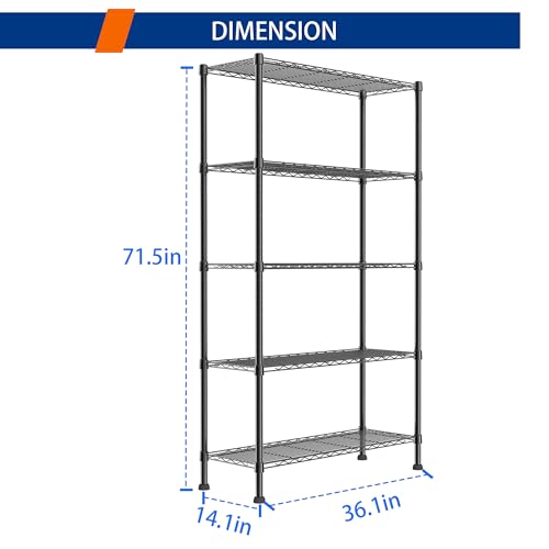 REGILLER 5-Wire Shelving Metal Storage Rack Adjustable Shelves,Standing Storage Shelf Units for Laundry Bathroom Kitchen Pantry Closet(Black,11.8