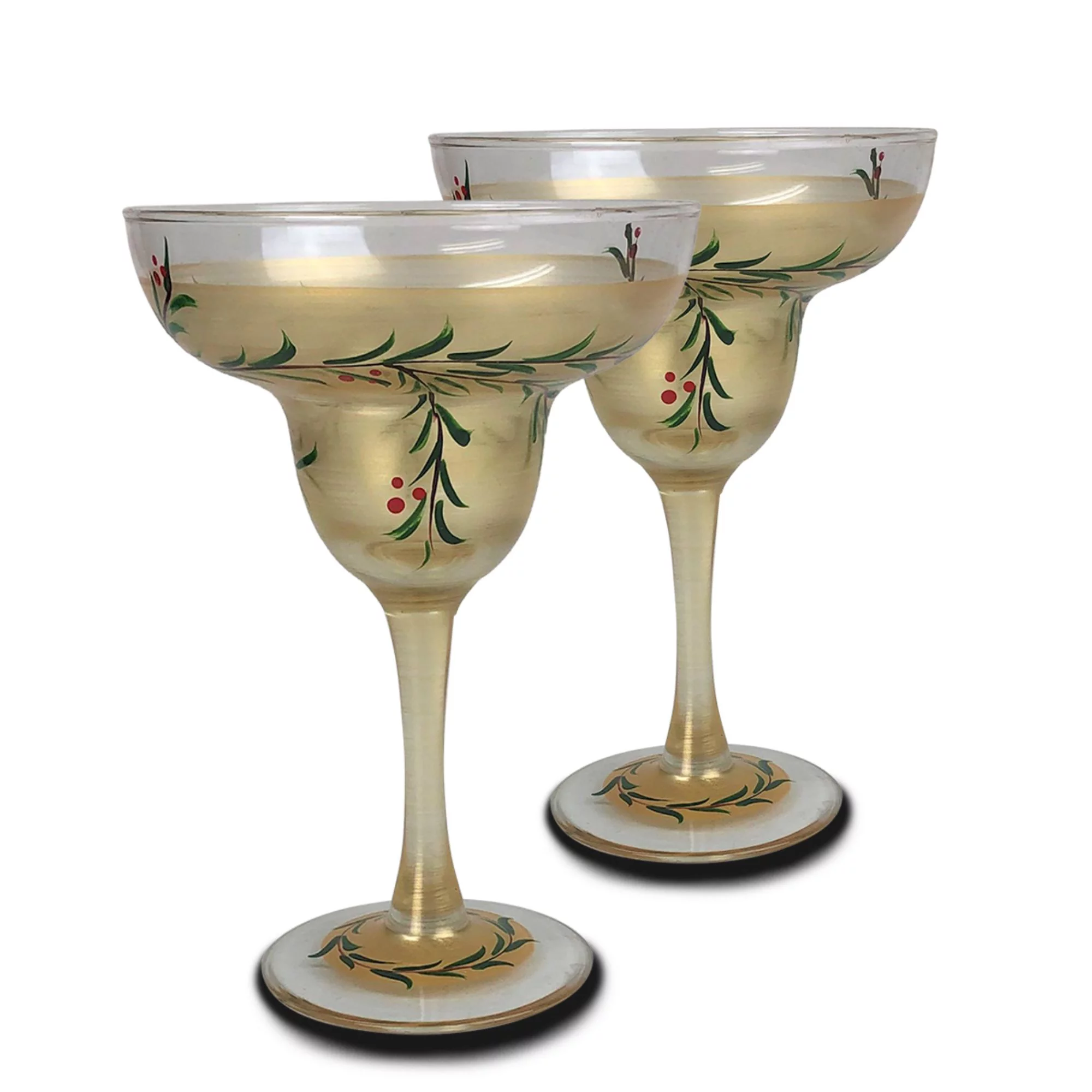 Crafted Creations Set of 2 Gold Christmas Garland Hand Painted Margarita Drinking Glasses Glasses 7