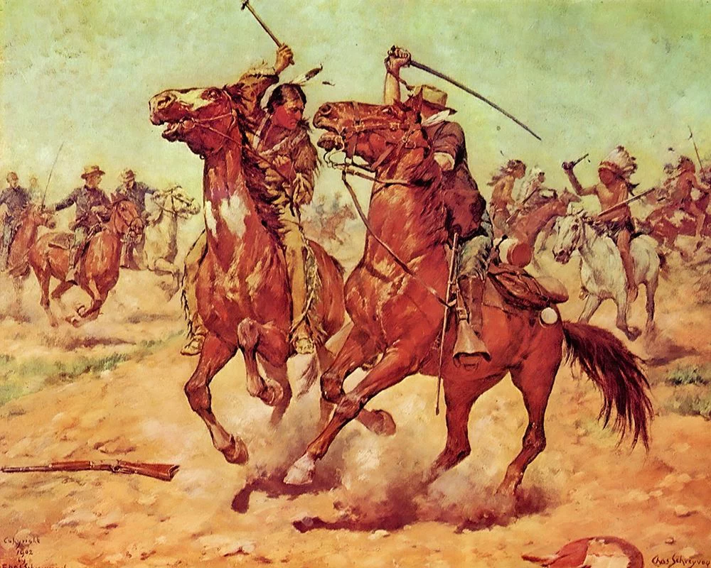 Shreyvogel, Charles 18x15 Gold Ornate Wood Framed with Double Matting Museum Art Print Titled - The Duel - Tomahawk and Sabre