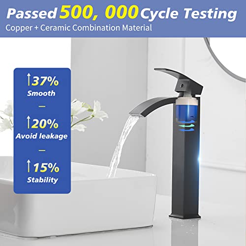 Brushed Nickel Vessel Sink Faucet, Waterfall Bathroom Faucets, Tall Spout Single Handle Single Hole Bathroom Faucets with Pop Up Drain and Without Overflow Basin Faucet Supply Line