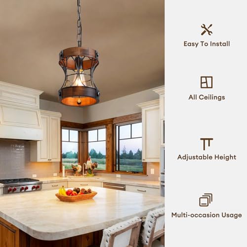 Rustic Farmhouse Chandelier, Wood Small Pendant Light Fixtures, Modern Chandeliers for Dining Room, Kitchen Island, Office, Bedroom, 1-Light Chandelier for All Ceilings D 7.5