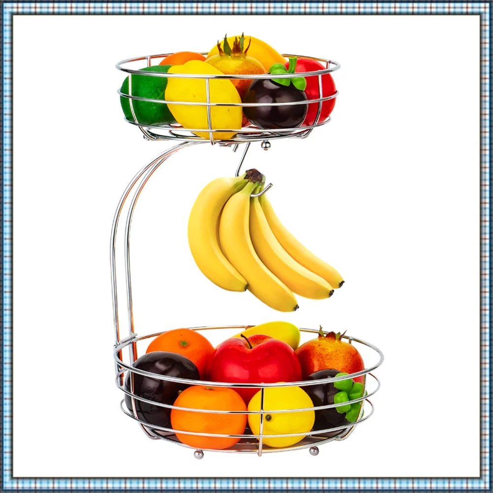 2 Tier Metal Wire Fruit Basket with Banana Hanger, Detachable Basket for Kitchen Countertop in Chrome
