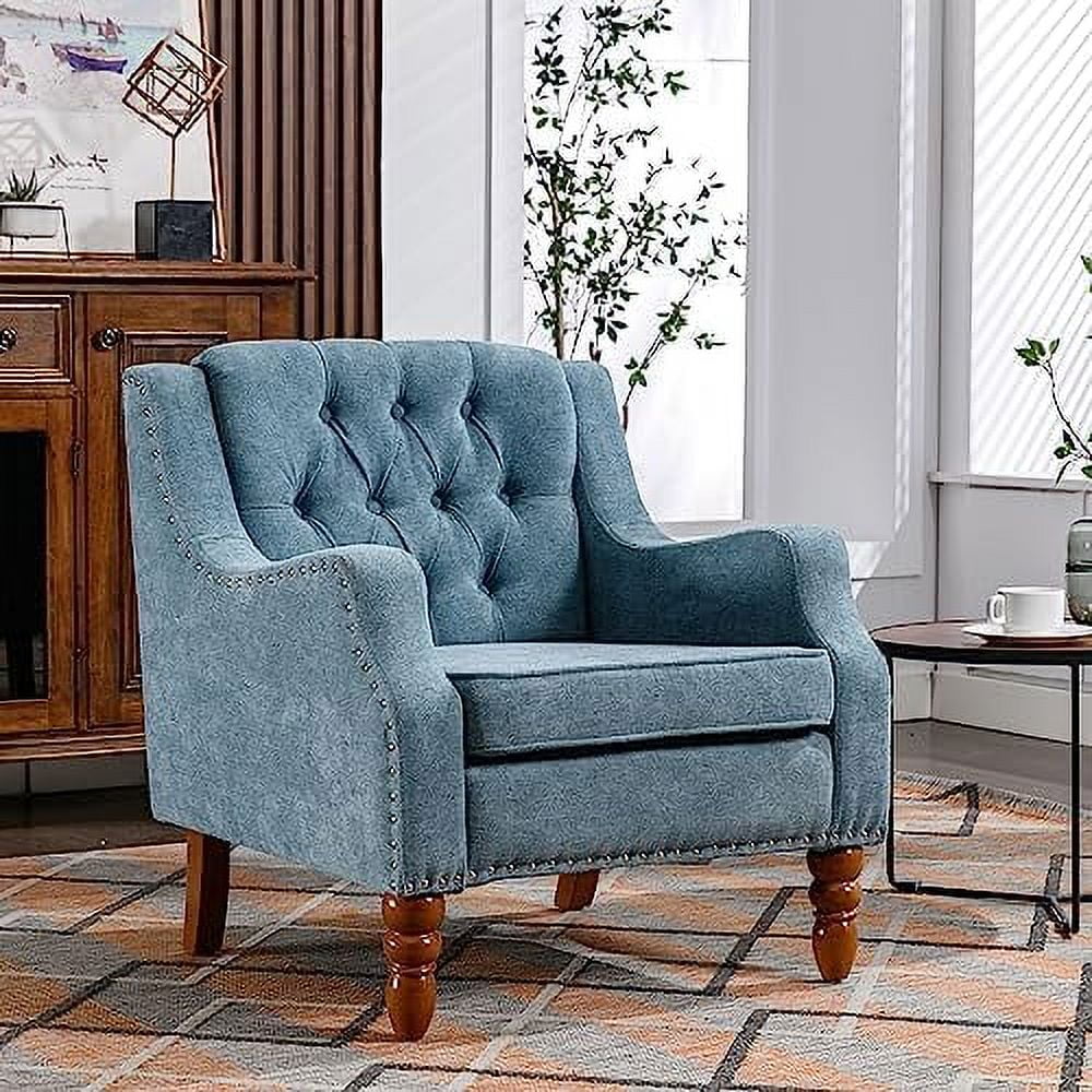 RUNFAYBIU Linen Accent Chair  Upholstered Living Room Chair  Comfy Button Tufted Arm Chair  Comfortable Sofa Chair  Mid Century Accent Chairs for Small Spaces  Living Room  Bedroom  Blue