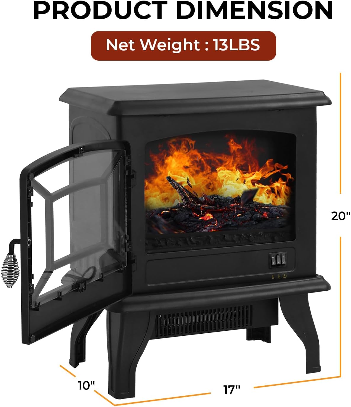 Electric Fireplace, Electric Fireplace Heater 3D Flames Freestanding TV Stand Fireplace Stove CSA Approved Safety 1500W Realistic Log Flame for Indoor Use(Black)