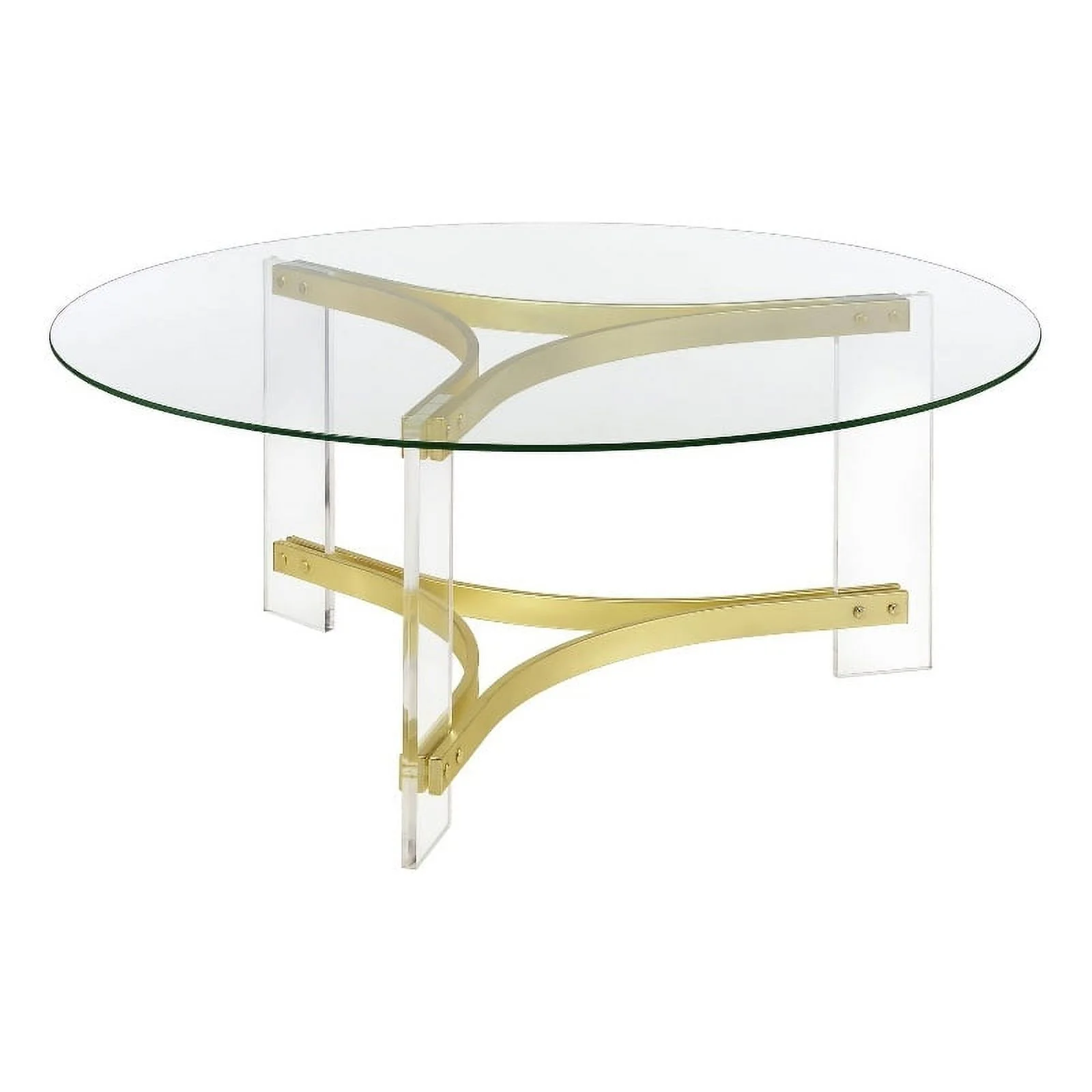 Pemberly Row Round Glass Coffee Table with Acrylic Legs in Clear and Brass
