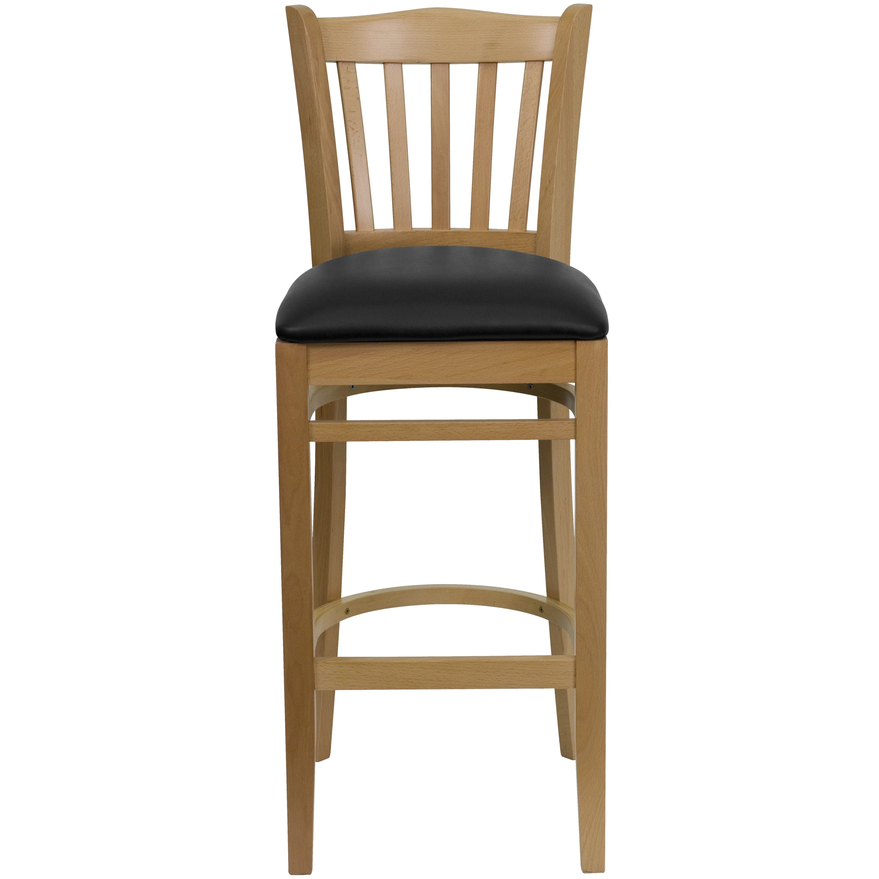 Flash Furniture HERCULES Series Vertical Slat Back Natural Wood Restaurant Barstool - Black Vinyl Seat