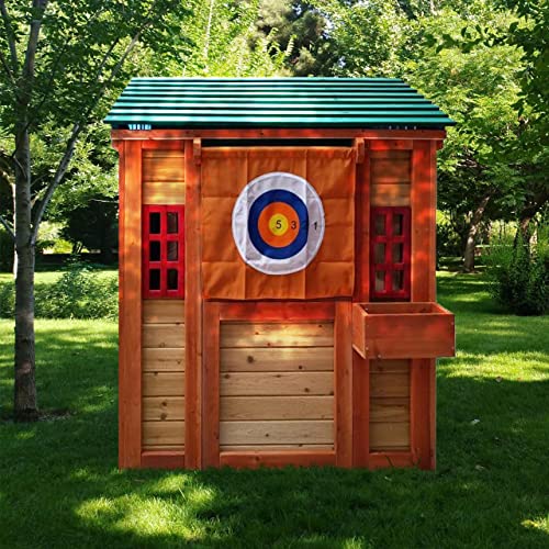 Outdoor Playhouse for Age 3-6 Years Boys Girls, Wood Cottage Playhouse w/Mailbox Bench Door Windows Flowerpot Holders & Serving Station, Boys Girls Wood Play House for Outdoor Garden Lawn Patio Yard