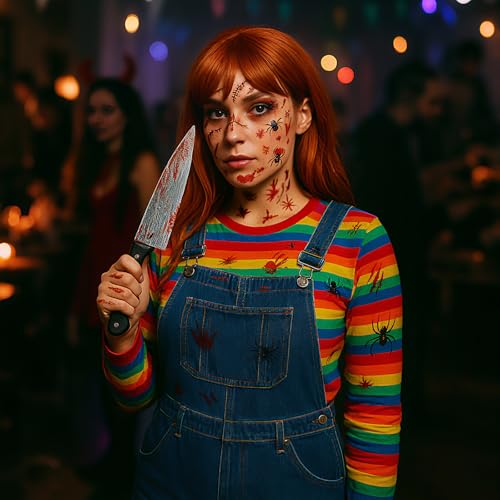 Outus 10 Pcs Halloween Nightmare Killer Costume Doll Accessories Adult Rainbow Long Sleeve Overalls Scar Stickers(XL)