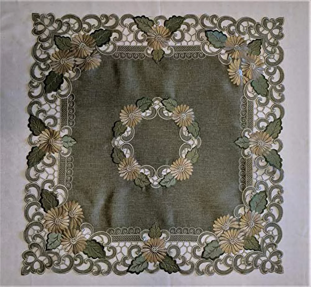 Doily Boutique Tablecloth or Table Topper Square Embroidered with Gold Daisy Flowers on Sage Green Burlap Linen Fabric Size 34 inches
