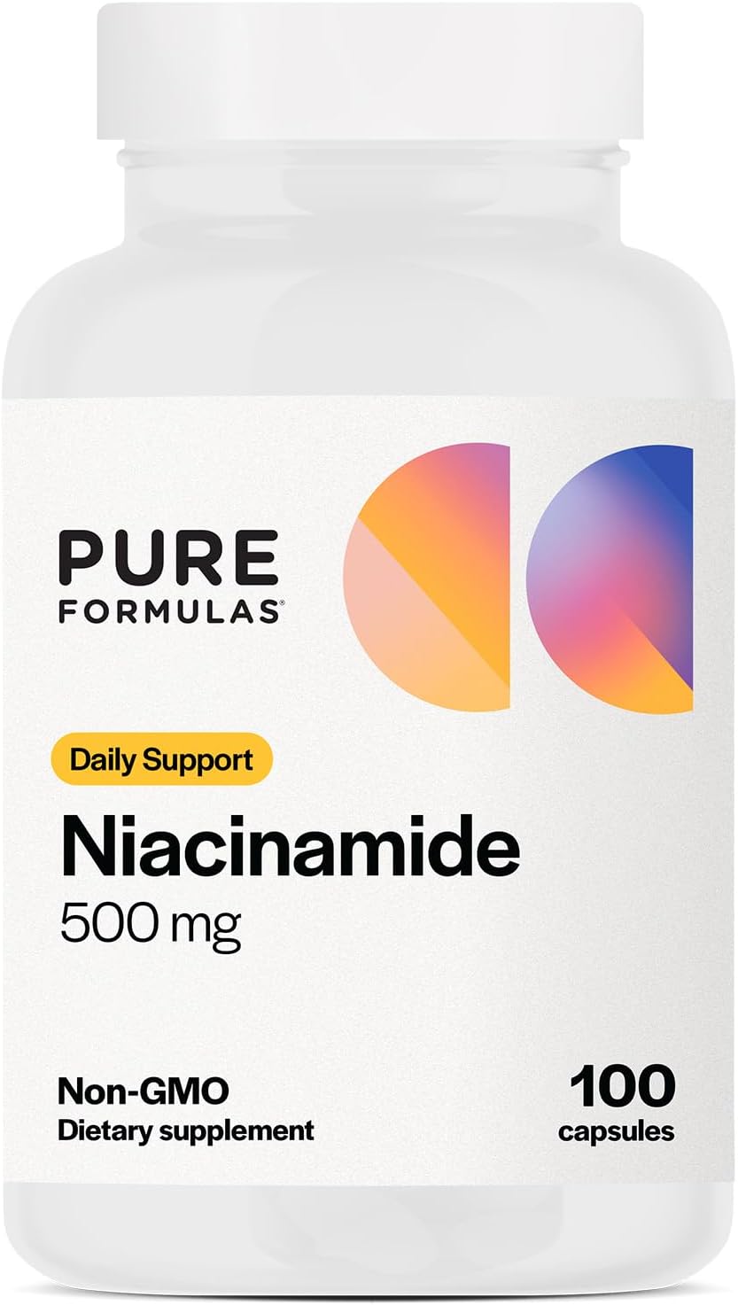PureFormulas Niacinamide 500 mg - 100 Capsules, High Potency Vitamin B3 Supplement Flush Free, Supports Skin Health, Joint Health, Energy Production & Cellular Function, Non Flushing Form of Niacin