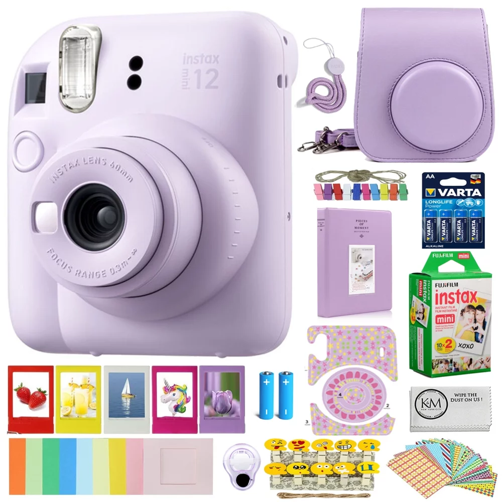 FUJIFILM INSTAX MINI 12 Instant Film Camera | Lilac Purple Bundled with INSTAX Mini Instant Film | 20 Exposures + Instax 8-in-1 Caiul Bundle + Varta AA Batteries + Microfiber Cleaning Cloth (5 Items)