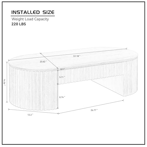 Oval Coffee Table for Living Room Modern Fluted Coffee Table with Storage Drawer Wood Accent Table for Office Apartment 51.18'' Oak