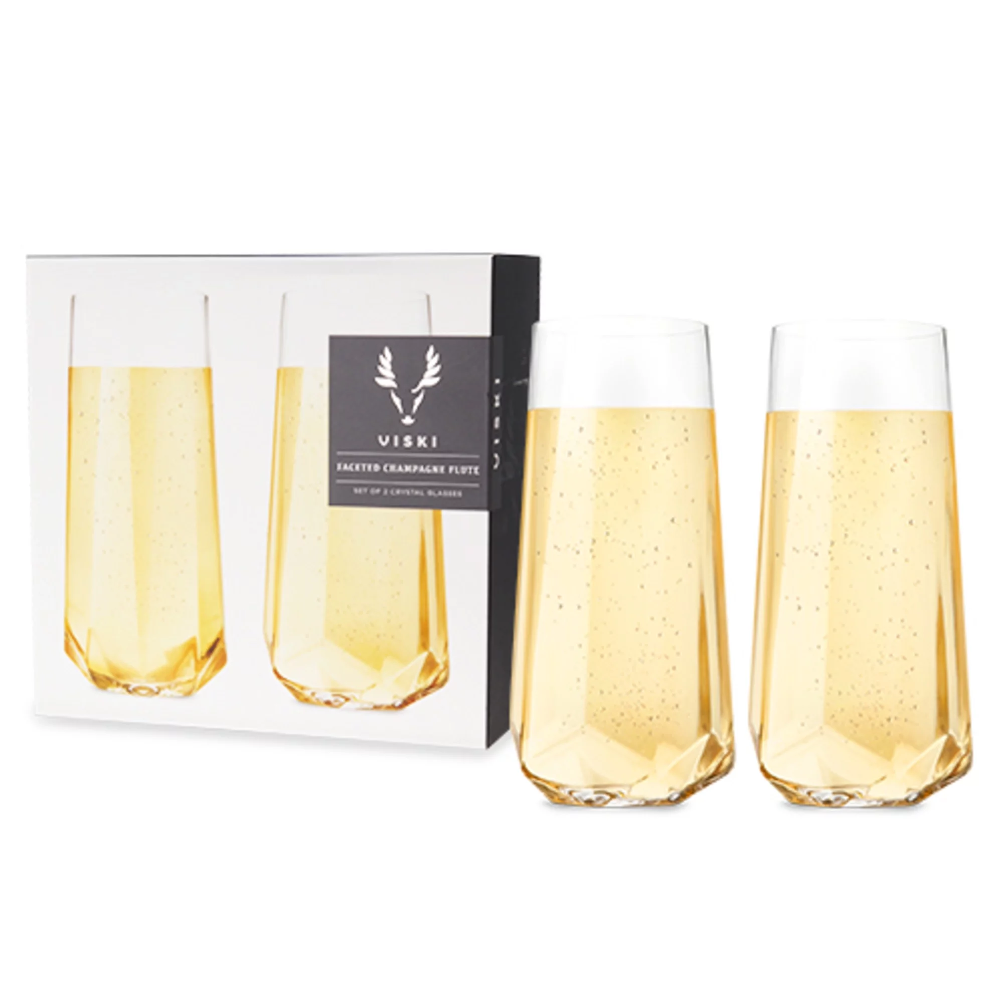 Viski Raye Faceted Crystal Champagne Flutes - Stemless Champagne Glass Gift Set