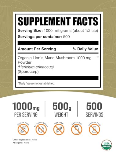 BulkSupplements.com Organic Lions Mane Mushroom Powder - Lions Mane Supplement Powder, Lion's Mane Powder - Organic & Gluten Free, 1000mg per Serving, 500g (1.1 lbs) (Pack of 1)