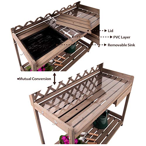 GUTINNEEN Potting Bench Garden Table for Plants Outside Outdoor Wooden Garden Work Bench with Sink Storage PVC Layer Drawer Shelf Hook for Gardening