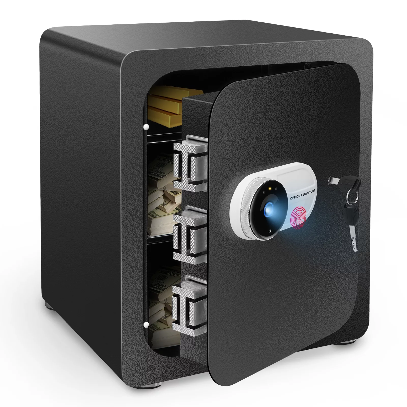 Valuables Safe Box: Home Security Box with Fingerprint Access and Removable Shelf, Black