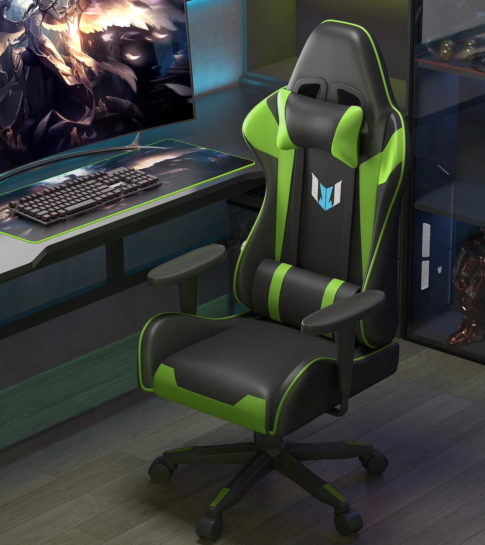 Bigzzia Gaming Chair with Height Adjustable Headrest and Lumbar Support for Adults Teens, Black Green