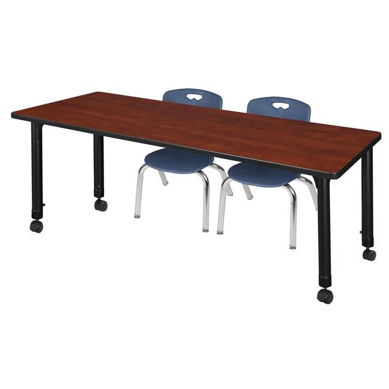 Regency  66 x 30 in. Kee Height Adjustable Mobile Classroom Table, Cherry 12 in. Stack Chairs - Navy Blue