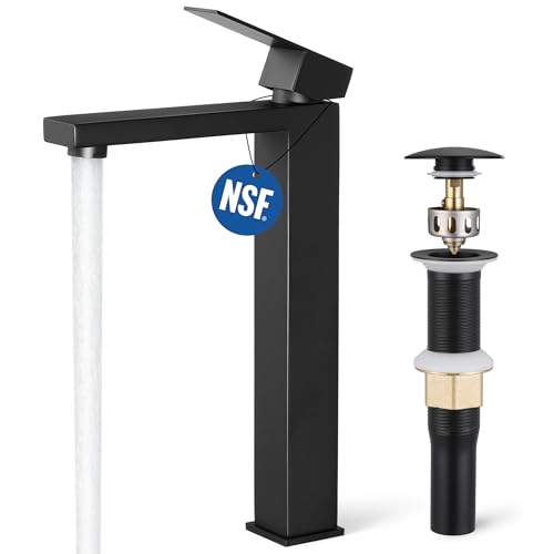 KES Vessel Sink Faucet, Black Bathroom Faucets, Tall Bathroom Faucets with Sink Drain with Overflow, L3156BLFF12-BK-C1